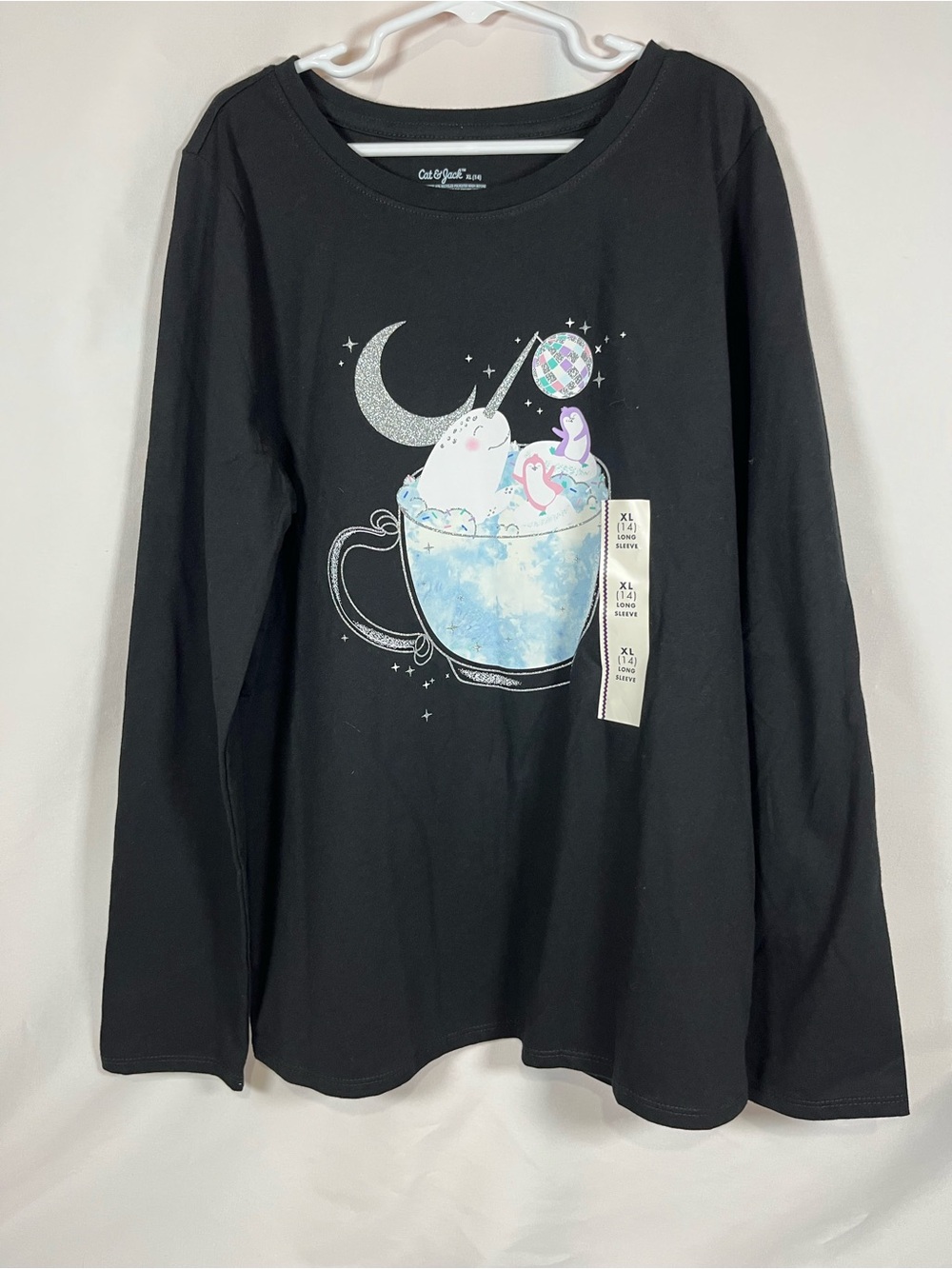 Cat & Jack Black Long-Sleeve Tee with Narwhal-in-Cup Graphic